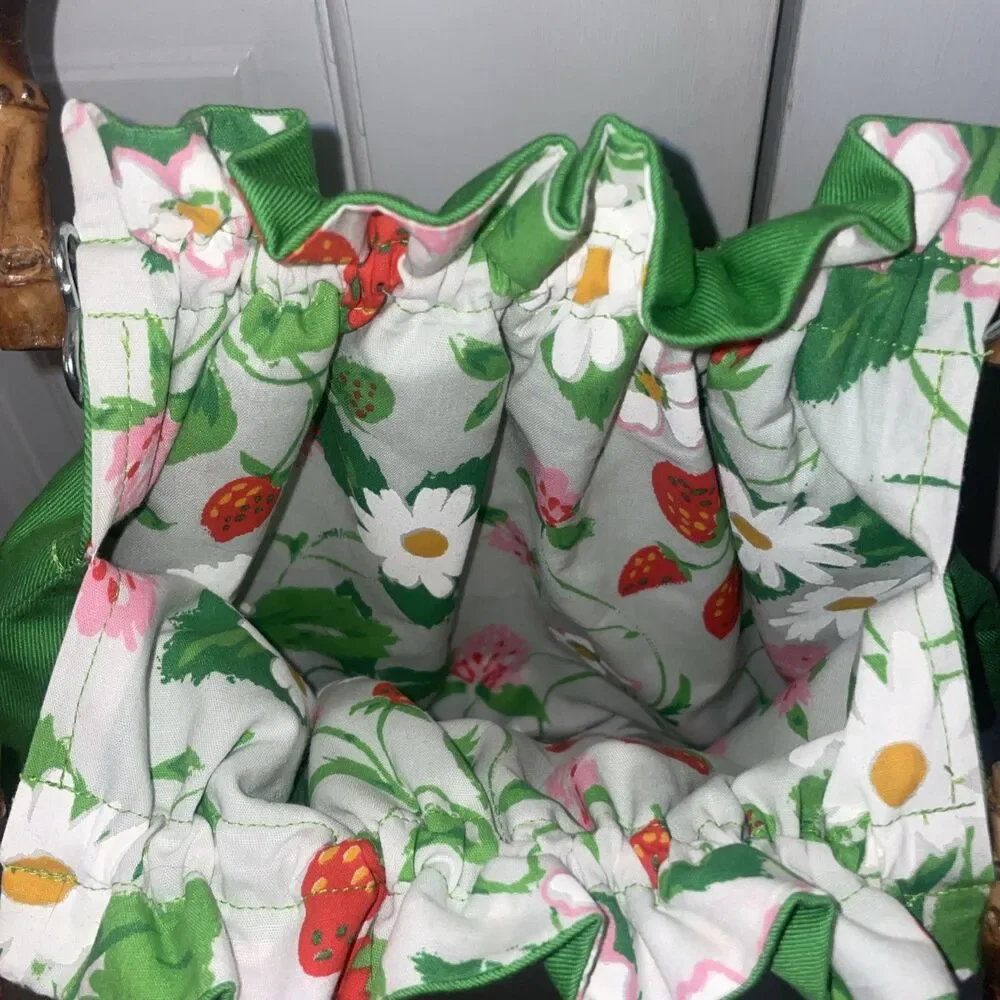 Vintage 70s Green Bamboo Handle Bag Strawberry Floral Lining Cottagecore Retro